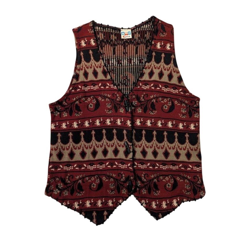 Circus Brand Vintage Boho 90s Vest Pattern Black Tan Button-Front Colorful